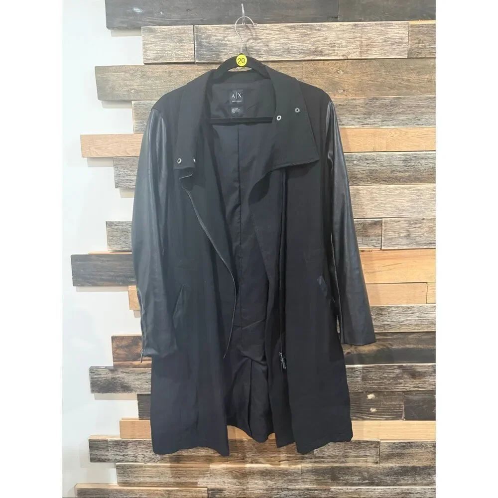 Armani Exchange black long jacket with faux leather sleeves size Large